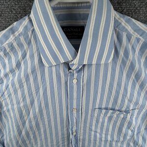 Canali Exclusive Collection Italy Button Up Men Long Sleeve Striped Blue 15.5